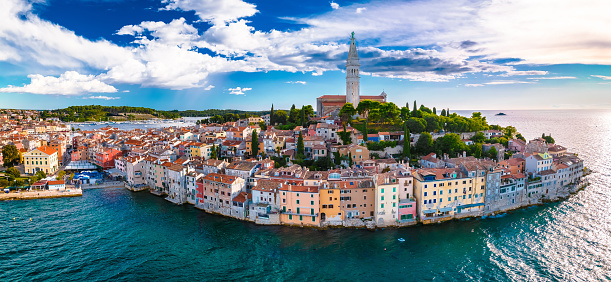 Rovinj old town aerial panoramic view, tourist destination in Istria region of Croatia