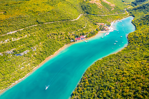 Aerial view of Limski kanal or Lim channel. Fjord in Istra region, Croatia