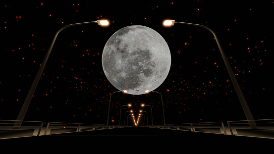 Spreading orange firefly over a night road with full moon in background (3D Rendering)