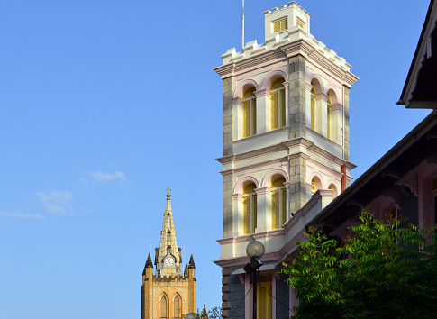 19th century towers - old fire station building and the Holy Trinity Cathedral tower, National Library, Port of Spain, Trinidad and Tobago