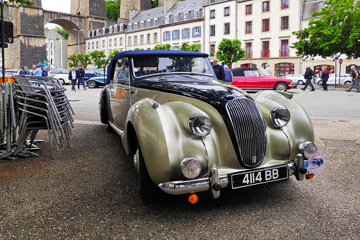 Morlaix, France - May 22 2022: 1951 Lagonda 2.6 drophead coupé parked on a parking lot.