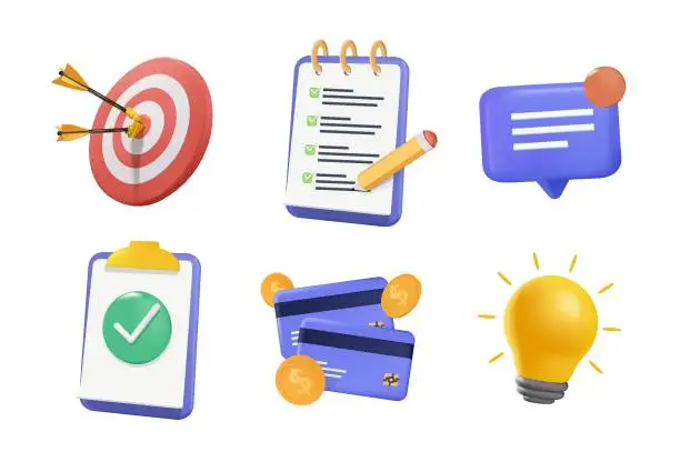 Vector illustration of 3d Business icons set. Realistic render illustration. Light bulb, target, checklist, credit card. Financial credit card