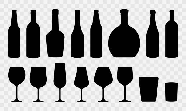 Set with alcohol bottles and glasses vector icons. Black silhouette with wine, cognac, champagne, beer bottle and glass. Set with alcohol bottles and glasses vector icons. Black silhouette with wine, cognac, champagne, beer bottle and glass. Alcohol collection. wineglass stock illustrations
