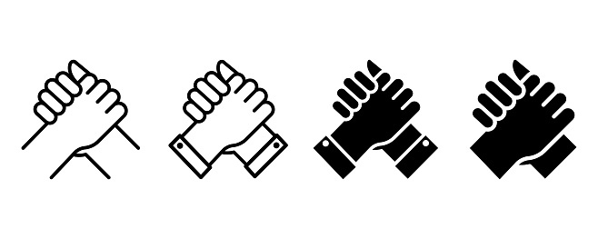 Human handshake. Symbol brotherhood. Homie handshake. Symbol from arm wrestling. Unity sign. Vector 10 EPS.