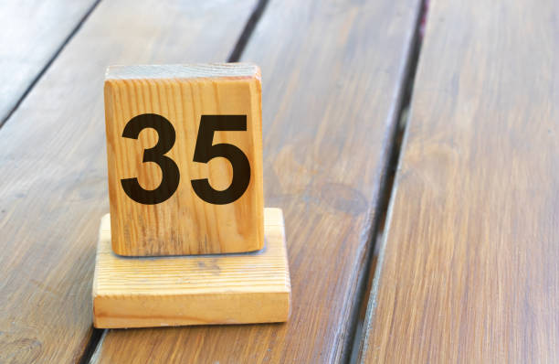 istock Wooden priority number 35 on a plank tab 1433933227