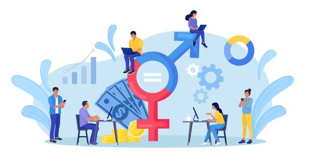 Man and woman working with big gender sign. Gender equality. Workforce without gender discrimination  Fair job opportunity and salary, equal career opportunities. Equal rights between men and women vector art illustration