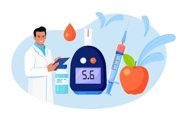 Doctor testing blood for sugar and glucose, using  glucometer for hypoglycemia or diabetes diagnosis. Physician with laboratory test equipment, syringe and vial, insulin Doctor testing blood for sugar and glucose, using  glucometer for hypoglycemia or diabetes diagnosis. Physician with laboratory test equipment, syringe and vial, insulin hyperglycemia stock illustrations