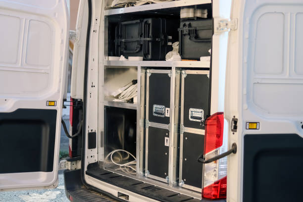 istock Mobile TV station built into the minibus. back view. 1433937752