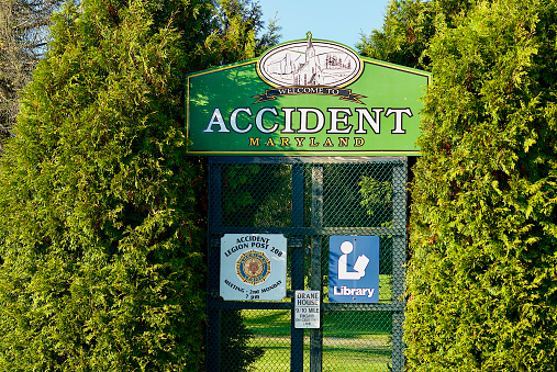 Accident, Maryland, USA - October 10, 2022: A sign welcomes visitors to the town of Accident, located in “Mountain Maryland” in the western part of the state.