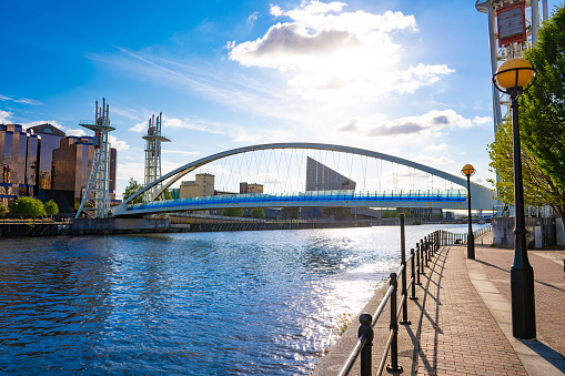 Manchester The Salford Quays Millennium Bridge in England UK United Kingdom. Former Salfor Docks in 1894. Today is Greater Manchester's unique waterfront destination in Manchester Ship Canal.