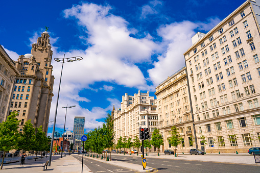 Liverpool the Strand St with buildigs as Royal Liver, and Cunard building in England UK United Kingdom