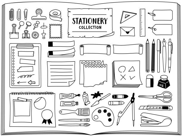 schreibwaren, werkzeuge und papiersammlung. handgezeichnete vektorliniengrafik. - office supply stock-grafiken, -clipart, -cartoons und -symbole