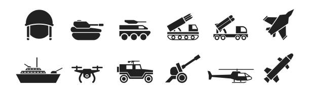 ilustraciones, imágenes clip art, dibujos animados e iconos de stock de conjunto de iconos negros militares, de guerra, ejército. vector eps 10 - casco militar