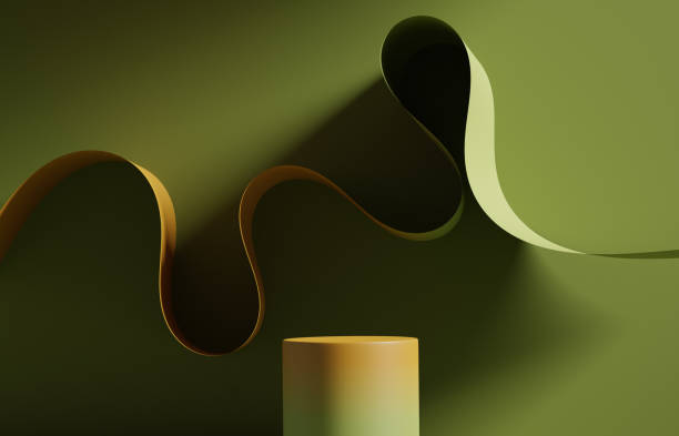 istock 3D background, green display, orange podium, with wave flying cloth shape in motion. Nature  wind. Beauty, cosmetic product presentation stand. Dark pedestal, branding mockup 3d render advertisement 1433956871