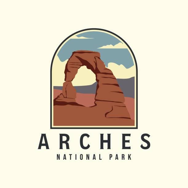 arches vintage color vector with emblem logo design icon template illustration, national park logo arches vintage color vector with emblem logo design icon template illustration, national park logo natural arch stock illustrations