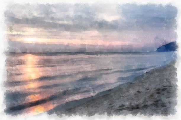 istock seaside beach landscape watercolor style illustration impressionist painting. 1433971128