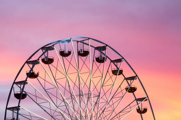 Ferris wheel at the sunset Ferris wheel at the picturesque pink colored sunset agricultural fair stock pictures, royalty-free photos & images