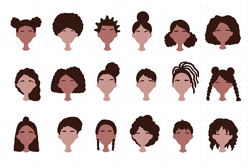 African American hairstyle collection. Social media avatar set with various hairdos. Ponytail, bun, straight, wavy and curly, bush of hair, dreadlocks, braids, pixie, loose. Vector illustration