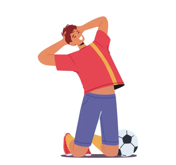 Vector illustration of Happy Man Soccer Player Celebrating Victory, Rejoice After Goal. Sportsman Character In Football Uniform Stand on Knees