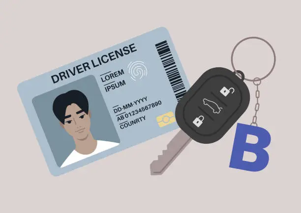 Vector illustration of A driver license plastic card with a photo, a car starter key with a keychain