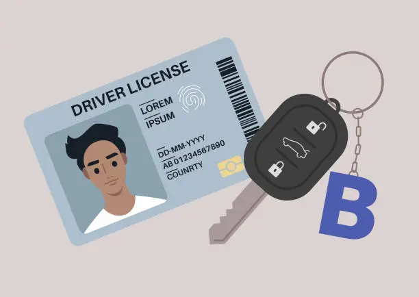 Vector illustration of A driver license plastic card with a photo, a car starter key with a keychain