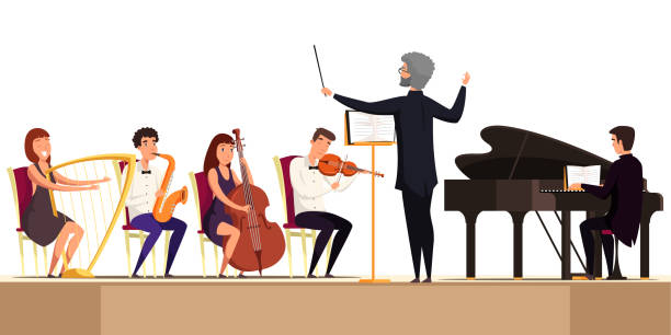 ilustraciones, imágenes clip art, dibujos animados e iconos de stock de orquesta sinfónica con director y banda de músicos en el escenario del teatro tocando música - violinist violin classical music classical concert