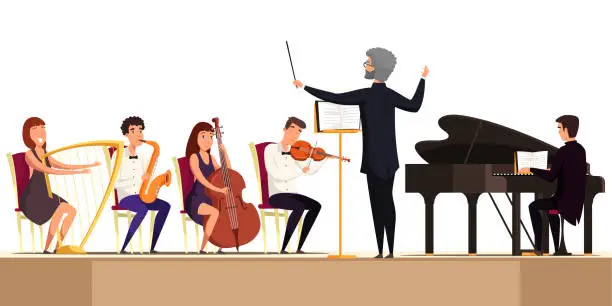 Vector illustration of Symphony orchestra with conductor and band of musicians on theatre stage playing music