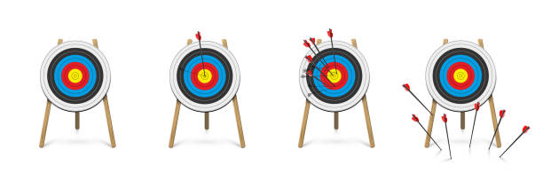 3d набор целей для стрельбы из лука, вид спереди, изолированная коллекция дартса со стрелами, попавшими или промахнувшимися - dartboard dart darts isolated stock illustrations
