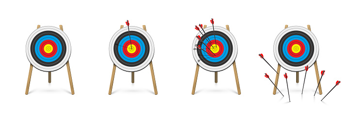 3d archery target with arrows set, front view vector illustration. Realistic isolated dartboard collection with arrows in bullseye center, archers darts hit or miss circle boards on wooden stands