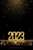 istock 2023 Happy New year vector banner vector template. Winter holiday, christmas congratulations. Festive postcard, luxurious greeting card concept. 2023 number with golden glitter illustration 1433977105