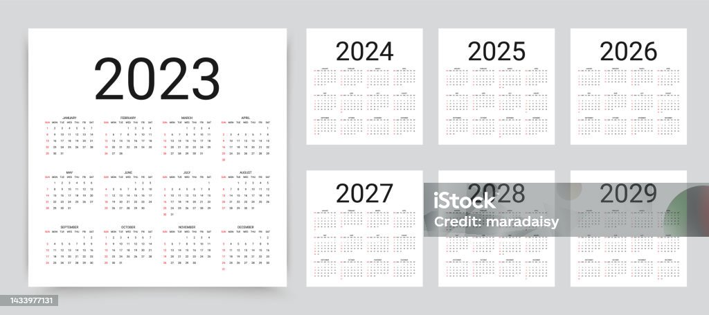 Calendrier pour 2023, 2024, 2025, 2026, 2027, 2028, 2029 année. Illustration vectorielle. Modèle de planificateur d’année. - clipart vectoriel de Calendrier libre de droits Calendrier pour 2023, 2024, 2025, 2026, 2027, 2028, 2029 année. Illustration vectorielle. Modèle de planificateur d’année. - clipart vectoriel de Calendrier libre de droits
