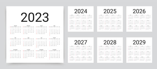 ilustrações, clipart, desenhos animados e ícones de calendário para 2023, 2024, 2025, 2026, 2027, 2028, ano de 2029. ilustração vetorial. planejador de ano de modelo. - calendário