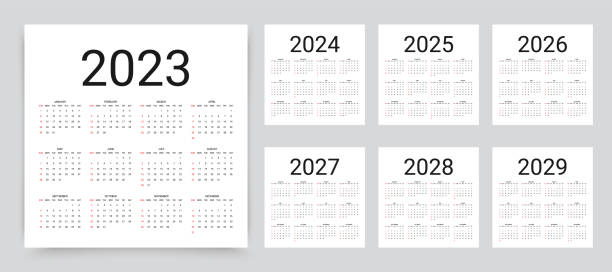 Calendar for 2023, 2024, 2025, 2026, 2027, 2028, 2029 year. Vector illustration. Template year planner. 2023, 2024, 2025, 2026, 2027, 2028, 2029 years calendar. Calender layout. Week starts Sunday. Desk planner template with 12 months. Square organizer grid. Yearly stationery diary. Vector illustration 2024 stock illustrations
