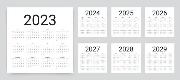 Vector illustration of Calendar for 2023, 2024, 2025, 2026, 2027, 2028, 2029 year. Vector illustration. Template year planner.