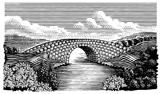 Hand drawn landscape of a stone bridge over calm river with clouds in the background. Hand drawn engraving style vector illustration.