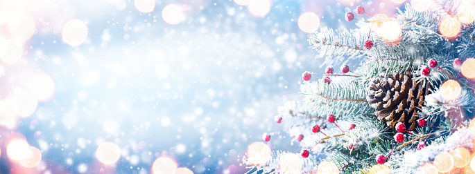 Christmas Decoration With Snow And Glowing Lights - Christmas And Winter Background