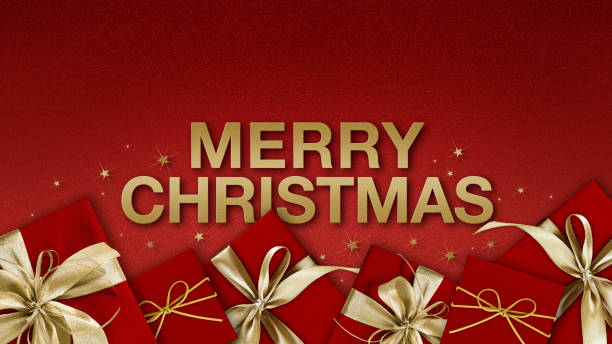 Merry Christmas text and gift box with shiny golden ribbon bow isolated on red sparkle texture background with stars, greeting card, advertising banner for sale and shopping. Flyer or label template texto de feliz navidad y caja de regalo con lazo de cinta dorada brillante aislado sobre fondo de textura roja brillante con estrellas, tarjeta de felicitación, banner publicitario para la venta y compras. plantilla de volante o etiqueta