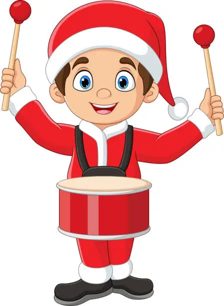 Vector illustration of Cartoon little boy in red santa clothes playing drums