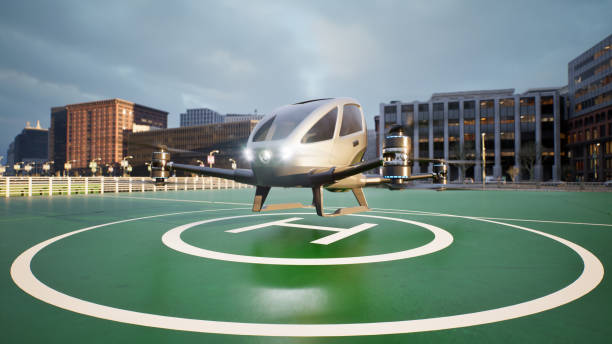 istock Autonomous driverless aerial vehicle fly across city, 3d render 1434000911
