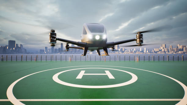 istock Autonomous driverless aerial vehicle fly across city, 3d render 1434000924