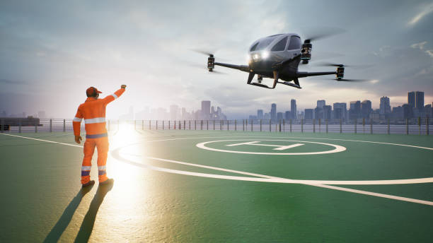 istock Autonomous driverless aerial vehicle fly across city, 3d render 1434000927