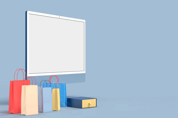 Monitor iMac 24 mockup with Shopping bag Template For presentation branding, corporate identity, advertising, branding business. 3D rendering