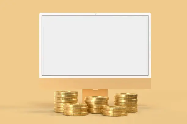 Photo of Monitor iMac 24 mockup with Coin Template For presentation branding, corporate identity, advertising, branding business. 3D rendering
