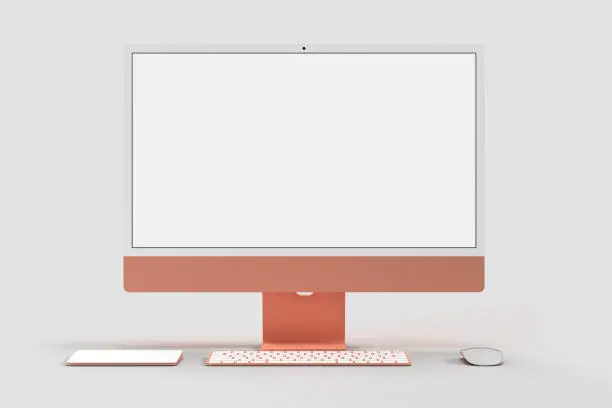 Photo of Monitor iMac 24 mockup Template For presentation branding, corporate identity, advertising, branding business. 3D rendering