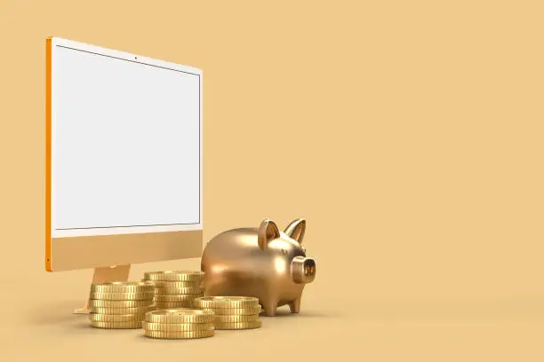 Monitor iMac 24 mockup with Coin, Piggy bank Template For presentation branding, corporate identity, advertising, branding business. 3D rendering