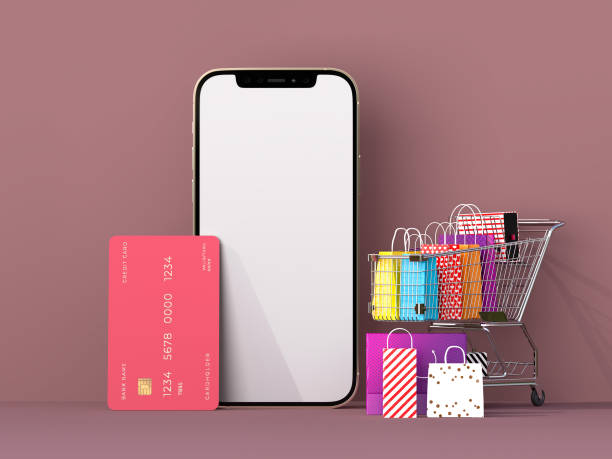 istock Online shop store with smartphone mockups template and shopping elements. Designs concept marketing online with clipping path. 3D rendering 1434002838
