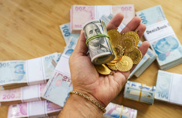 istock Hand holding US Dollar banknotes with Gold coins 1434007016
