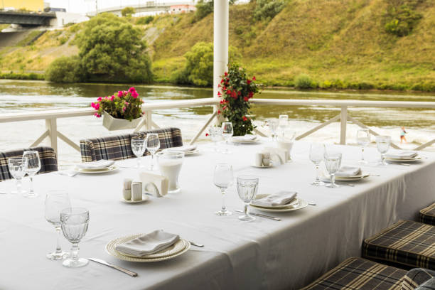 istock summer restaurant with Free space table top background, Empty glasses set in restaurant 1434008439