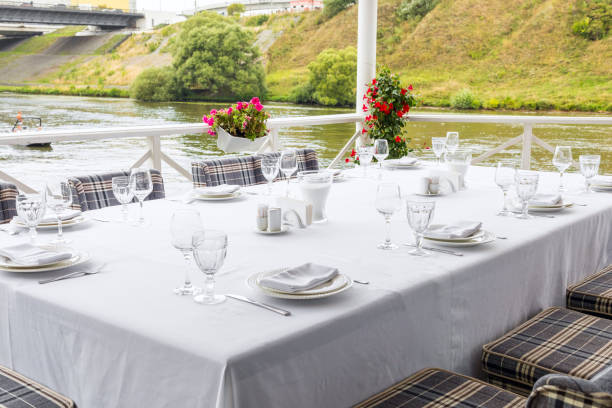 istock summer restaurant with Free space table top background, Empty glasses set in restaurant 1434008640
