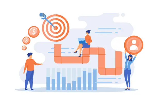 Vector illustration of Sales reps and managers analyze sales pipeline. Sales pipeline management, representation of sales prospects, customer prospects lifecycle concept, flat vector modern illustration